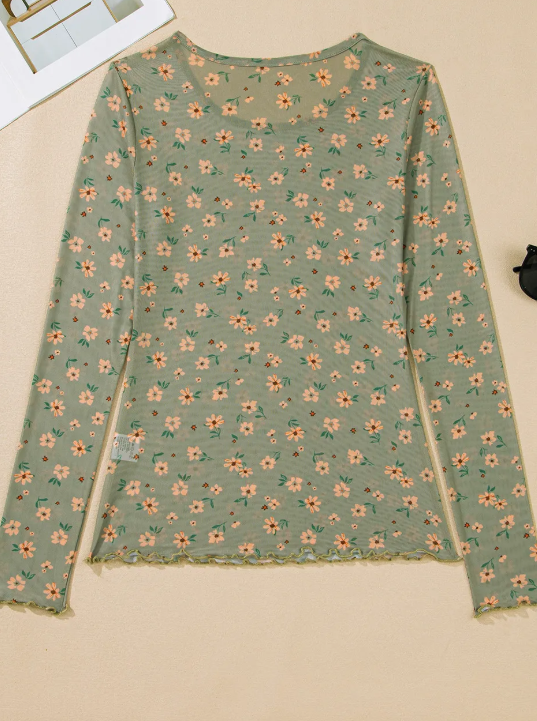 Alyce Laurel Green Vintage Floral Print Southern Style Mesh Long Sleeve Top