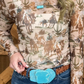 Callie Brown Western Cowboy Floral Print Sheer Mesh Long Sleeve Top
