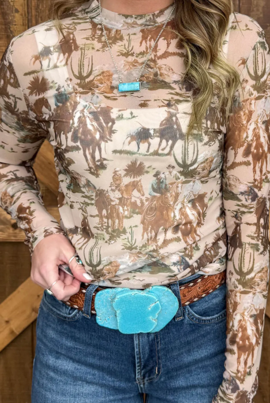 Callie Brown Western Cowboy Floral Print Sheer Mesh Long Sleeve Top