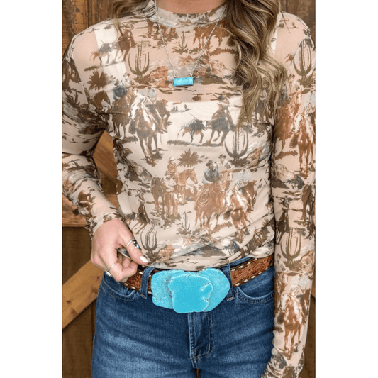 Callie Brown Western Cowboy Floral Print Sheer Mesh Long Sleeve Top