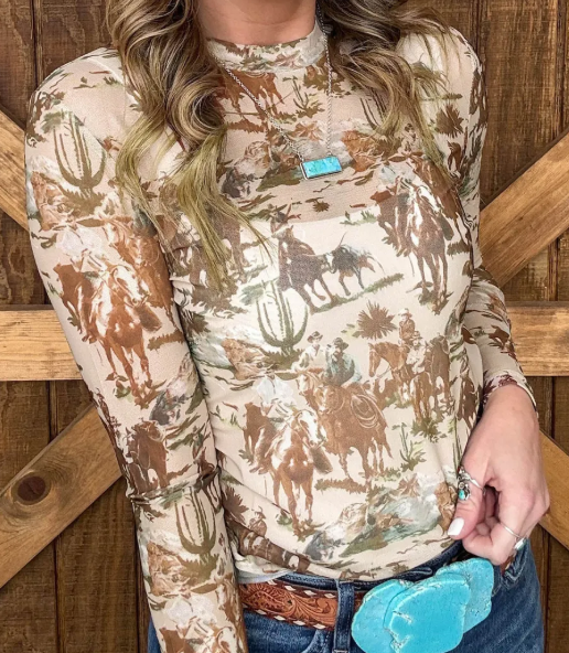 Callie Brown Western Cowboy Floral Print Sheer Mesh Long Sleeve Top
