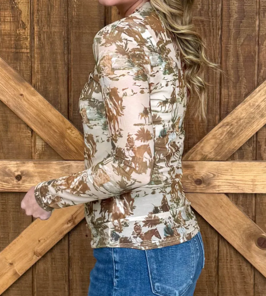 Callie Brown Western Cowboy Floral Print Sheer Mesh Long Sleeve Top
