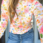Grayce White Lettuce Trim Floral Print Sheer Mesh Long Sleeve Top