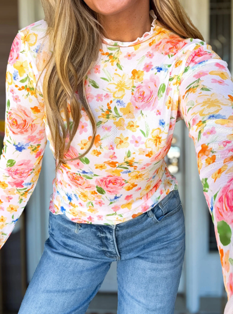 Grayce White Lettuce Trim Floral Print Sheer Mesh Long Sleeve Top