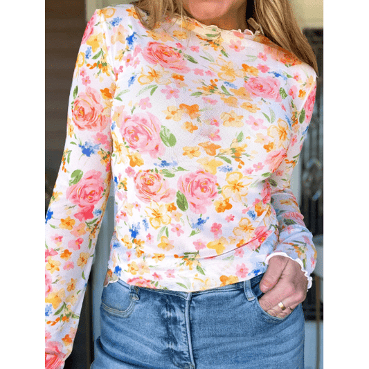 Grayce White Lettuce Trim Floral Print Sheer Mesh Long Sleeve Top