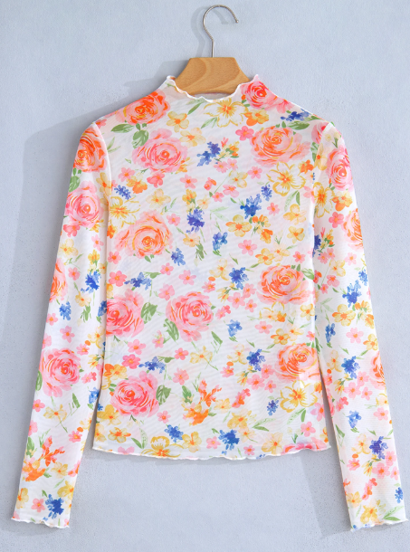 Grayce White Lettuce Trim Floral Print Sheer Mesh Long Sleeve Top