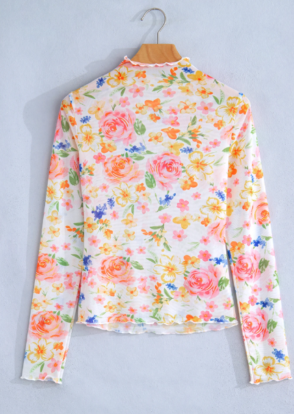 Grayce White Lettuce Trim Floral Print Sheer Mesh Long Sleeve Top
