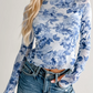 Jossie Sky Blue Floral Print Long Sleeve Stand Neck Mesh Top