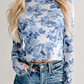 Jossie Sky Blue Floral Print Long Sleeve Stand Neck Mesh Top