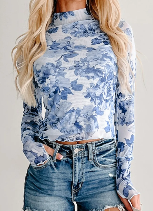 Jossie Sky Blue Floral Print Long Sleeve Stand Neck Mesh Top