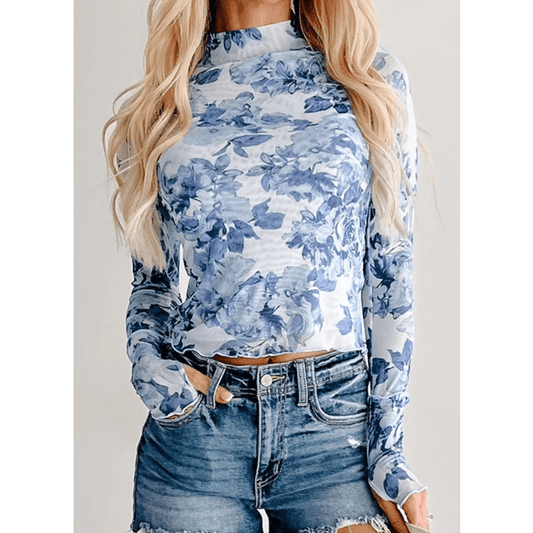 Jossie Sky Blue Floral Print Long Sleeve Stand Neck Mesh Top