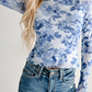 Jossie Sky Blue Floral Print Long Sleeve Stand Neck Mesh Top