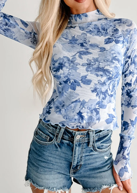 Jossie Sky Blue Floral Print Long Sleeve Stand Neck Mesh Top