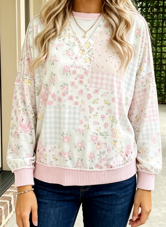 Alaina Pink Twisted Ribbed Trim Floral Print Patchwork Long Sleeve Top