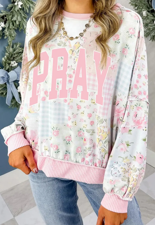 Alaina Pink PRAY Twisted Ribbed Trim Floral Print Patchwork Long Sleeve Top