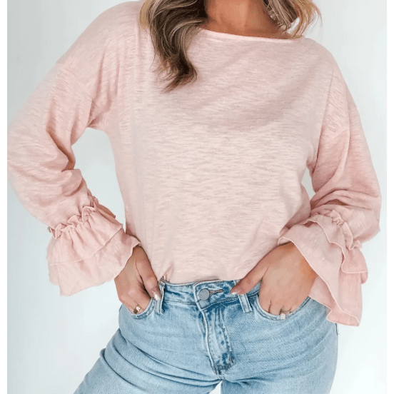 Brecken Gossamer Pink Long Sleeve Ruffle Cuff Casual Elegant Top