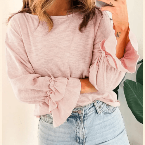 Brecken Gossamer Pink Long Sleeve Ruffle Cuff Casual Elegant Top
