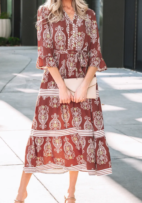 SALE!!!  Leyla Brown Floral Print Belted Striped Trim Tiered Maxi Dress