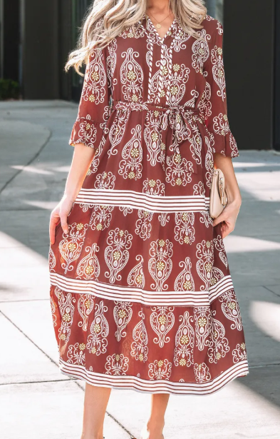 SALE!!!  Leyla Brown Floral Print Belted Striped Trim Tiered Maxi Dress