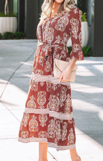 SALE!!!  Leyla Brown Floral Print Belted Striped Trim Tiered Maxi Dress