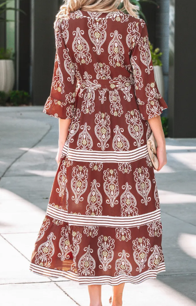 SALE!!!  Leyla Brown Floral Print Belted Striped Trim Tiered Maxi Dress