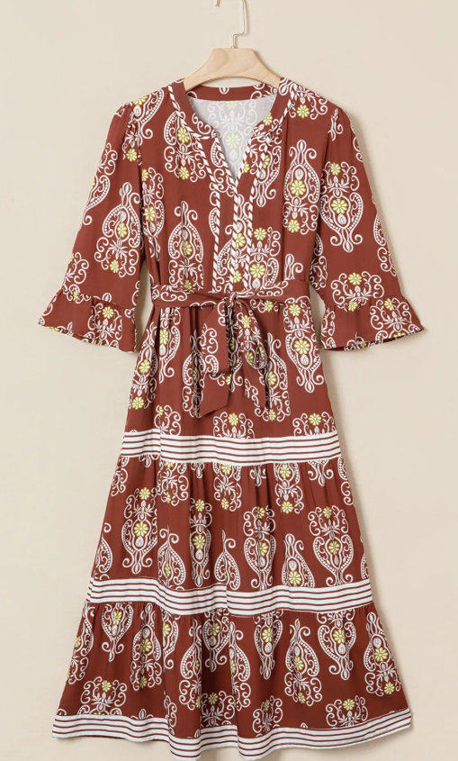 SALE!!!  Leyla Brown Floral Print Belted Striped Trim Tiered Maxi Dress