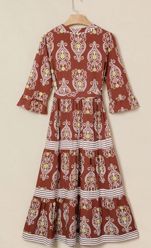 SALE!!!  Leyla Brown Floral Print Belted Striped Trim Tiered Maxi Dress