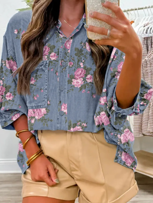 Demi Blue Bracelet Sleeve Floral Denim Shirt