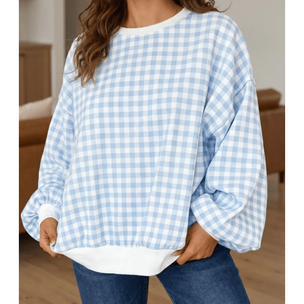 Ellis Light Blue Plaid Round Neck Long Sleeve Sweatshirt