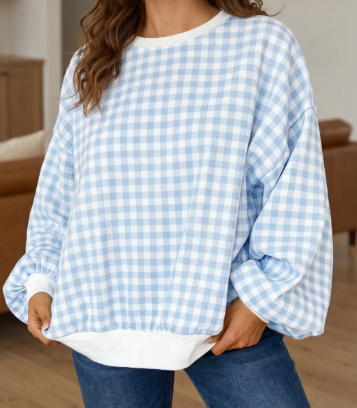 Ellis Light Blue Plaid Round Neck Long Sleeve Sweatshirt