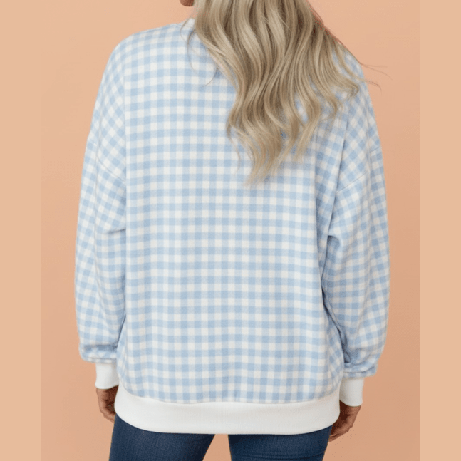 Ellis Light Blue Plaid Round Neck Long Sleeve Sweatshirt