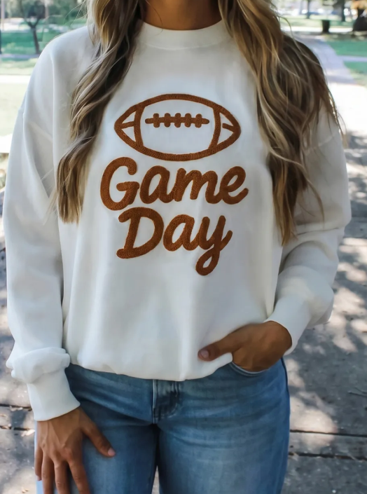 White Embroidered Slogan Game Day Rugby Pattern Crewneck Sweatshirt