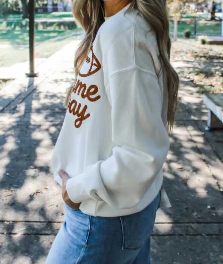 White Embroidered Slogan Game Day Rugby Pattern Crewneck Sweatshirt