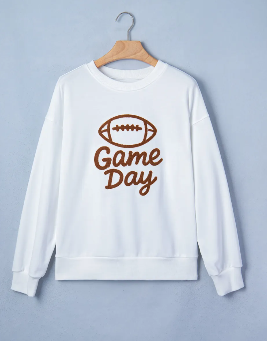 White Embroidered Slogan Game Day Rugby Pattern Crewneck Sweatshirt