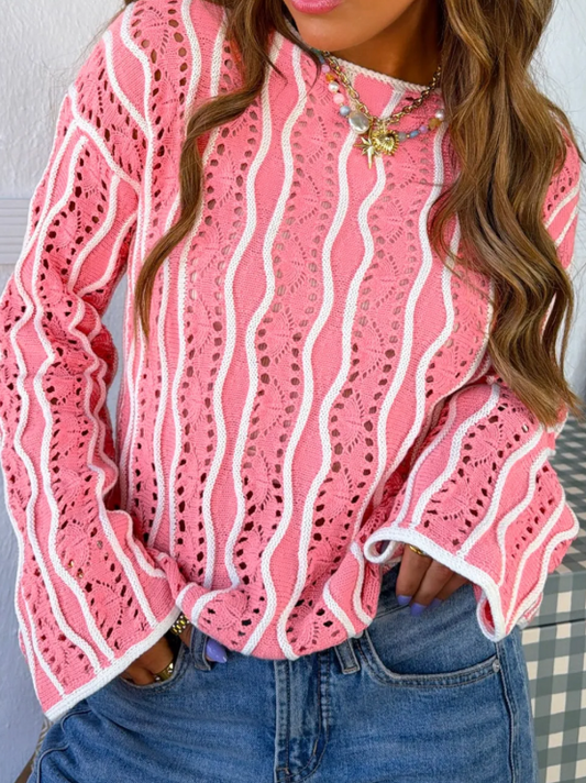 Ina Pink Wavy Detail Hollow Out Knit Long Sleeve Cotton Pullover Sweater