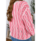 Ina Pink Wavy Detail Hollow Out Knit Long Sleeve Cotton Pullover Sweater