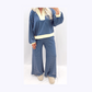 Jasma Blue Stripe Color Block Patchwork Zip V Neck Pullover Loose Pants 2pcs Set