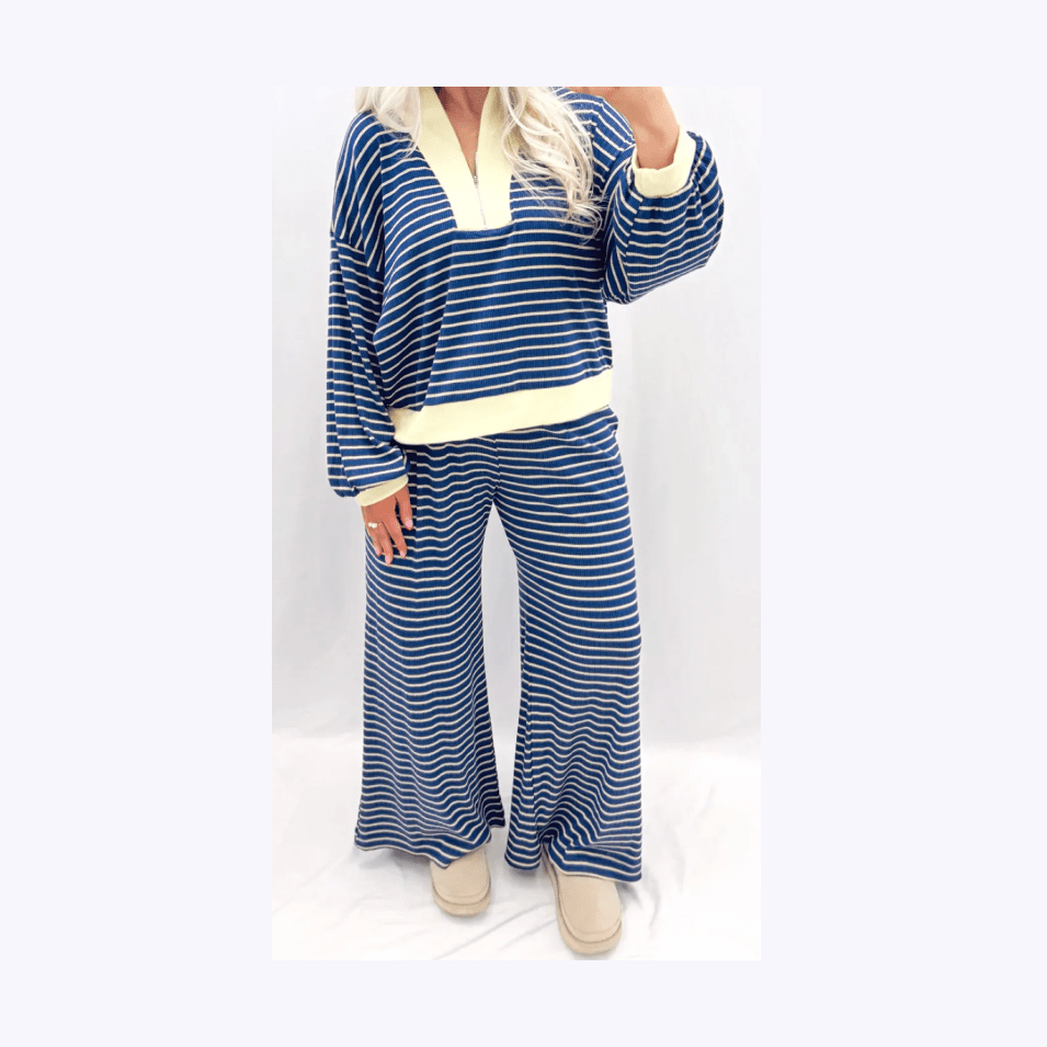 Jasma Blue Stripe Color Block Patchwork Zip V Neck Pullover Loose Pants 2pcs Set