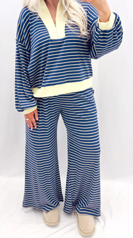 Jasma Blue Stripe Color Block Patchwork Zip V Neck Pullover Loose Pants 2pcs Set