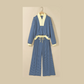 Jasma Blue Stripe Color Block Patchwork Zip V Neck Pullover Loose Pants 2pcs Set