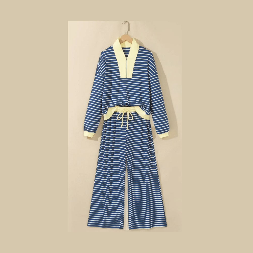 Jasma Blue Stripe Color Block Patchwork Zip V Neck Pullover Loose Pants 2pcs Set