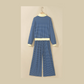 Jasma Blue Stripe Color Block Patchwork Zip V Neck Pullover Loose Pants 2pcs Set