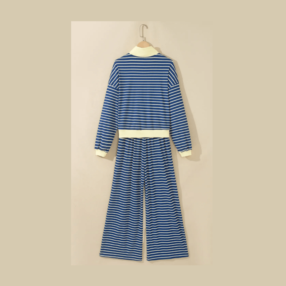 Jasma Blue Stripe Color Block Patchwork Zip V Neck Pullover Loose Pants 2pcs Set