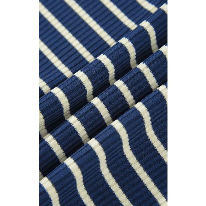 Jasma Blue Stripe Color Block Patchwork Zip V Neck Pullover Loose Pants 2pcs Set