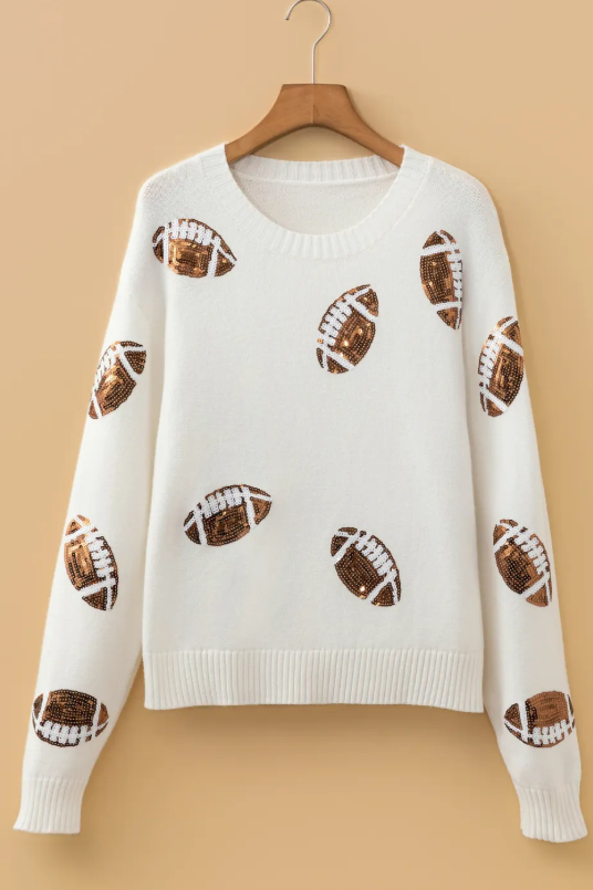 Marilee Sequin Football Print Round Neck Long Sleeve Loose Fit Sweater
