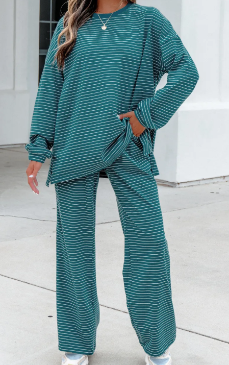 Katniss Green Stripe Dropped Shoulder Long Sleeve Top Elastic Waist Pants Casual 2pcs Set