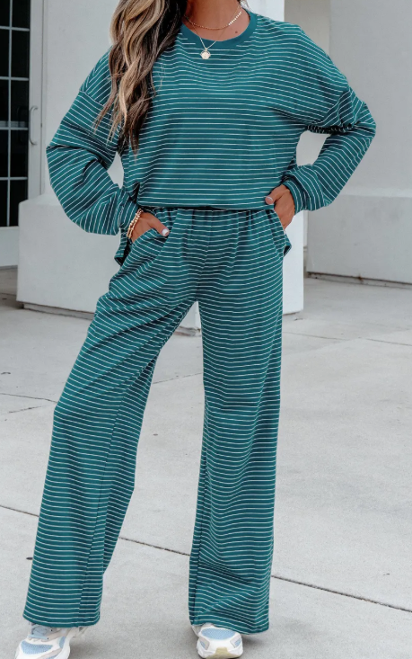 Katniss Green Stripe Dropped Shoulder Long Sleeve Top Elastic Waist Pants Casual 2pcs Set