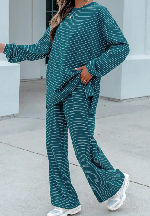 Katniss Green Stripe Dropped Shoulder Long Sleeve Top Elastic Waist Pants Casual 2pcs Set