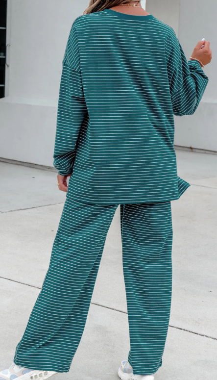 Katniss Green Stripe Dropped Shoulder Long Sleeve Top Elastic Waist Pants Casual 2pcs Set