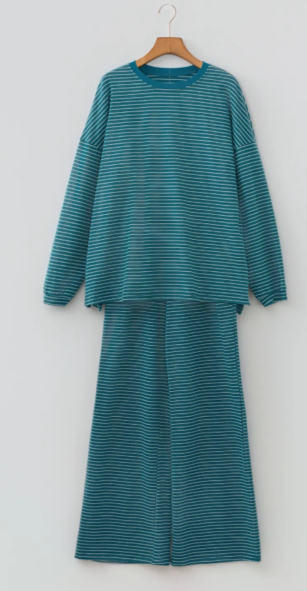 Katniss Green Stripe Dropped Shoulder Long Sleeve Top Elastic Waist Pants Casual 2pcs Set